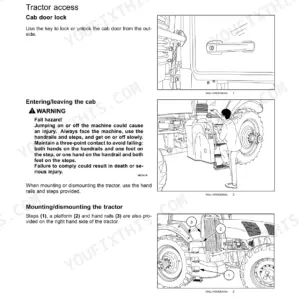 New Holland T8.320, T8.350, T8.380, T8.410, T8.435 operator manual showing cab door lock and tractor access safety procedures.