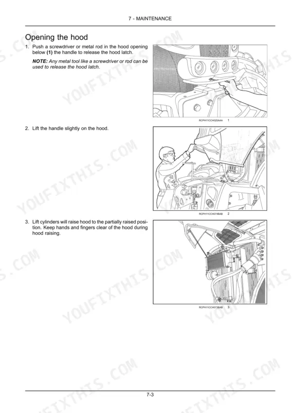 New Holland T8.320, T8.350, T8.380, T8.410, T8.435 maintenance procedure for opening the tractor hood with latch release steps.