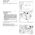 New Holland T8.320-T8.435 SmartTrax operator manual: cab door lock, entry safety warnings, and mounting steps/handrail locations.