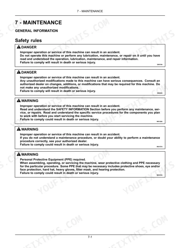New Holland T8.320-T8.435 SmartTrax maintenance manual page showing general safety rules, danger, and warning notices.