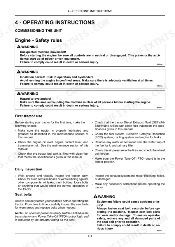 New Holland T8.320-T8.435 SmartTrax operating instructions for engine safety, first tractor use, daily inspection, and seat belts.