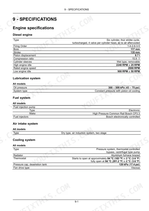 New Holland T8.320-T8.435 SmartTrax engine, lubrication, fuel, air intake, and cooling system technical specifications table.
