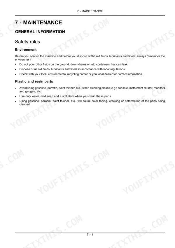 New Holland T8.275, T8.300, T8.330, T8.360, T8.390 maintenance manual page covering environmental safety and plastic part cleaning.