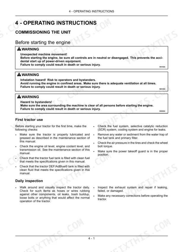 New Holland T8.275, T8.300, T8.330, T8.360, T8.390 operating instructions for unit commissioning, safety warnings, and daily inspection.