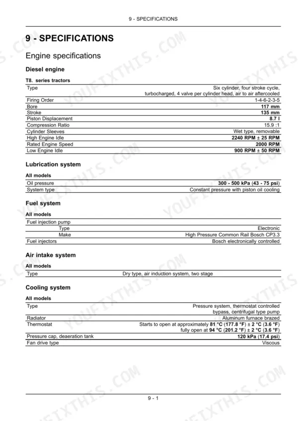New Holland T8.275, T8.300, T8.330, T8.360, T8.390 engine, lubrication, fuel, air intake, and cooling system specifications table.