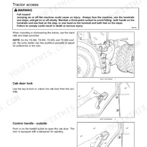New Holland T9.390, T9.450, T9.505, T9.560, T9.615, T9.670 operator manual page showing tractor access, cab door lock, and handle.