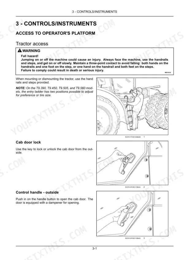 new-holland-t9-series-tractor-operator-manual-47538842-controls-65.webp New Holland T9.390, T9.450, T9.505, T9.560, T9.615, T9.670 operator manual page showing tractor access, cab door lock, and handle.