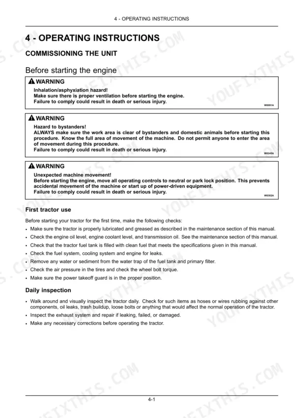 New Holland T9.390, T9.450, T9.505, T9.560, T9.615, T9.670 operating instructions for commissioning, safety warnings, and daily inspection.