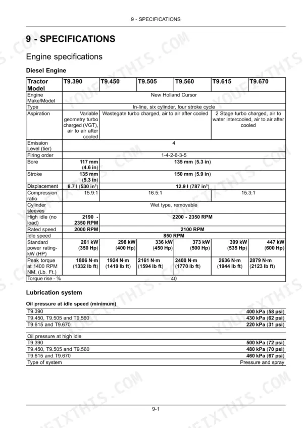 New Holland T9.390, T9.450, T9.505, T9.560, T9.615, T9.670 engine specifications and lubrication system oil pressure data table.