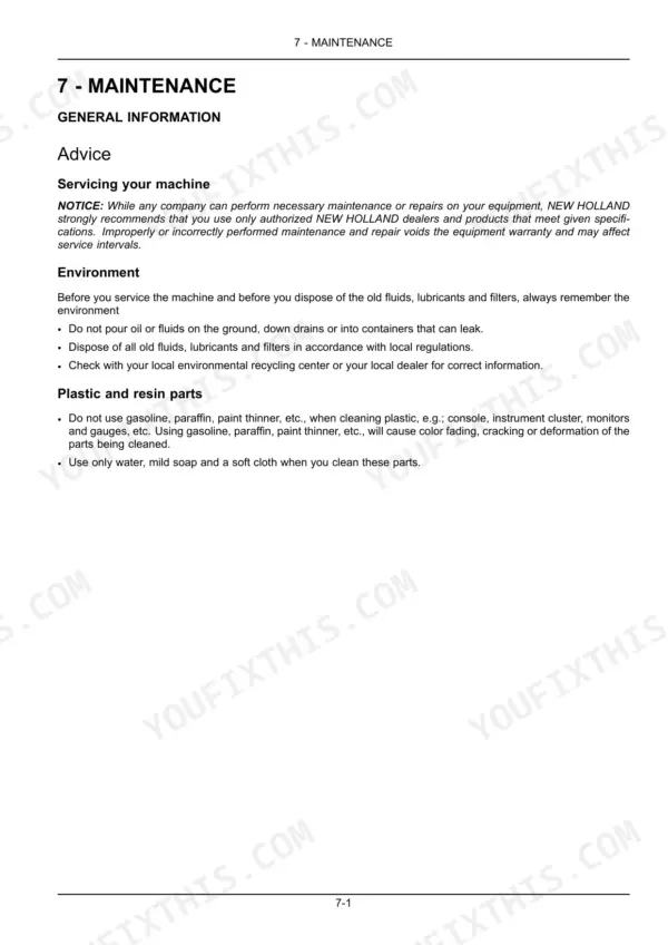 New Holland T9.435-T9.700 maintenance manual page covering general service advice, environmental disposal, and plastic part cleaning.