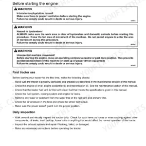 New Holland T9.435-T9.700 operating instructions, engine startup safety warnings, first use checks, and daily inspection procedures.