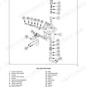 New Holland TC23DA, TC26DA exploded view diagram of the fuel injection pump components and housing assembly parts list.