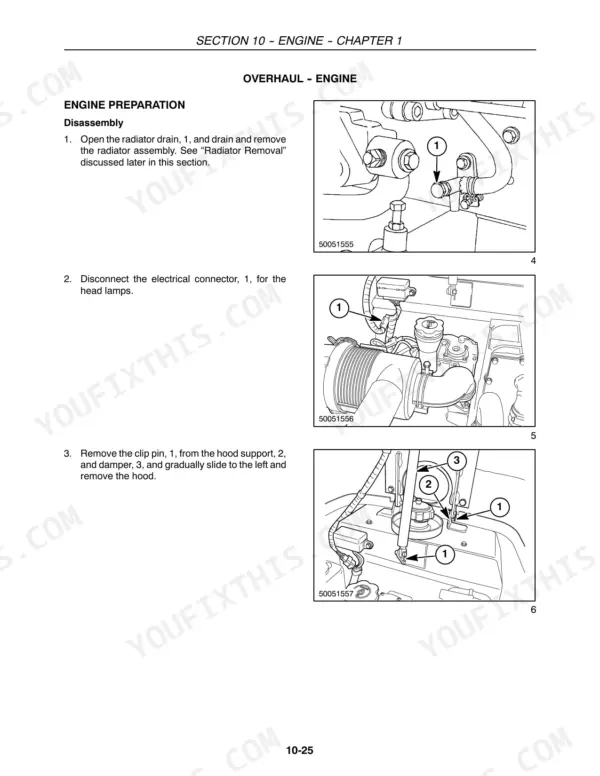 New Holland TC23DA, TC26DA engine disassembly procedures showing radiator drain, head lamp connector, and hood removal steps.