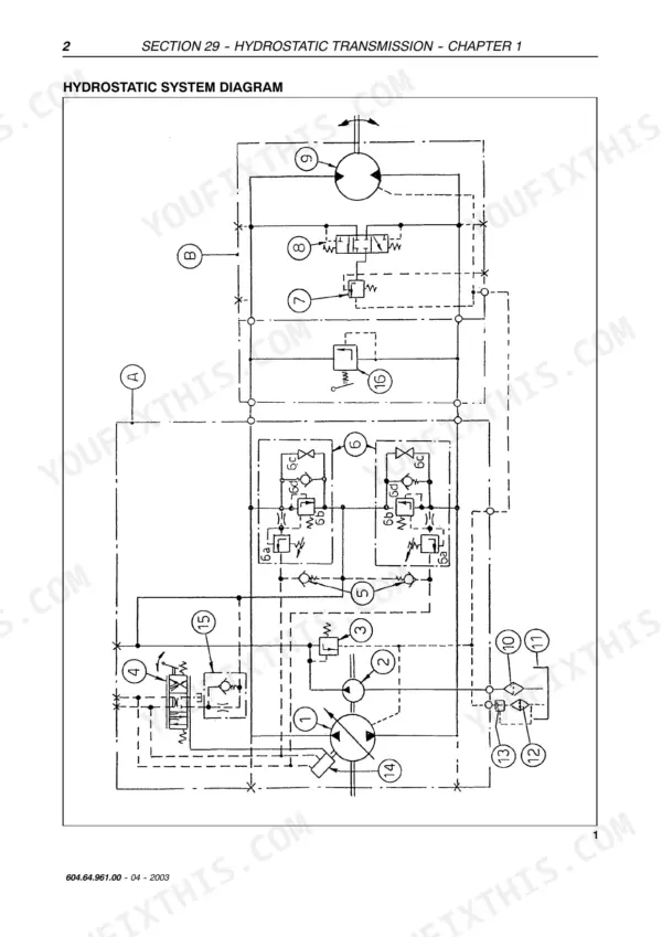 New Holland TC54, TC56, AL59 hydrostatic transmission system diagram showing hydraulic pump and motor components.