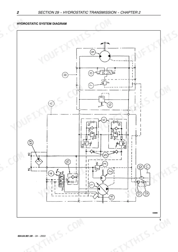 New Holland TC54, TC56, AL59 hydrostatic system diagram showing hydraulic pump, motor, and valve components.