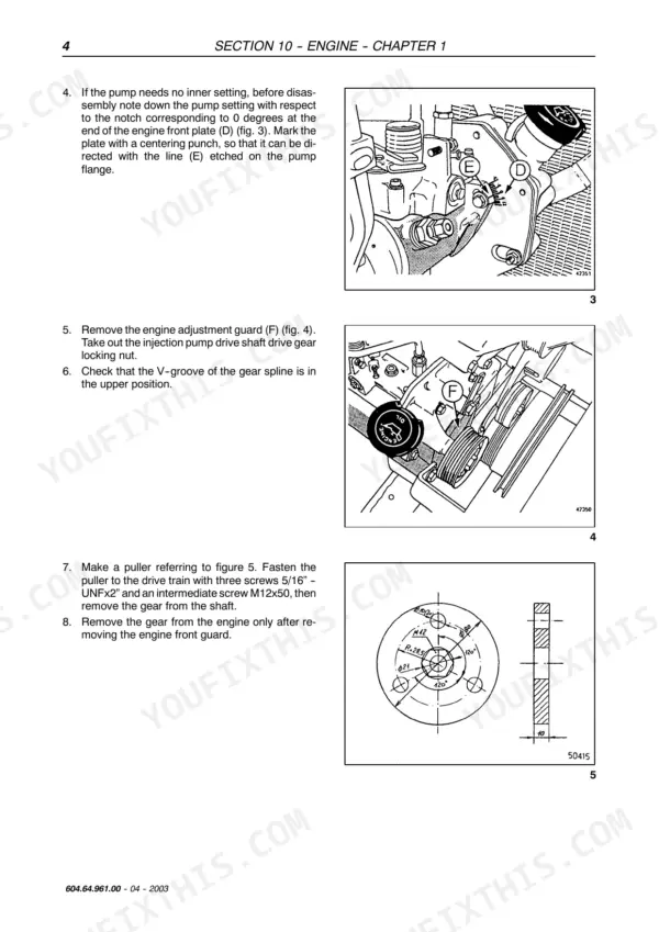 New Holland TC54, TC56, AL59 engine injection pump removal and gear puller diagram procedures.