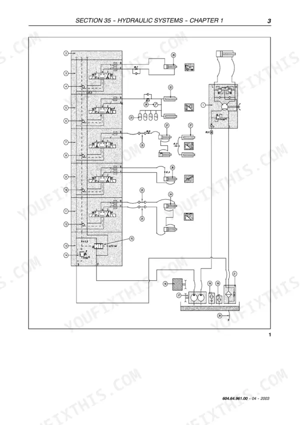 New Holland TC54, TC56, AL59 hydraulic system diagram showing control valves, cylinders, pumps, and filters.
