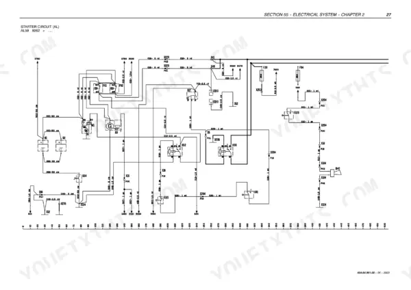 new-holland-tc54-tc56-al59-combine-repair-manual-604-64-961-00-wiring-408.webp New Holland TC54, TC56, AL59 electrical system wiring diagram for the starter circuit showing relays, fuses, and connectors.