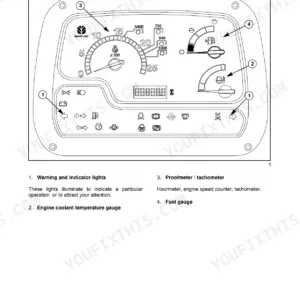 New Holland TD 5030, TD 5040 instrument panel diagram showing tachometer, fuel gauge, coolant temperature, and indicator lights.