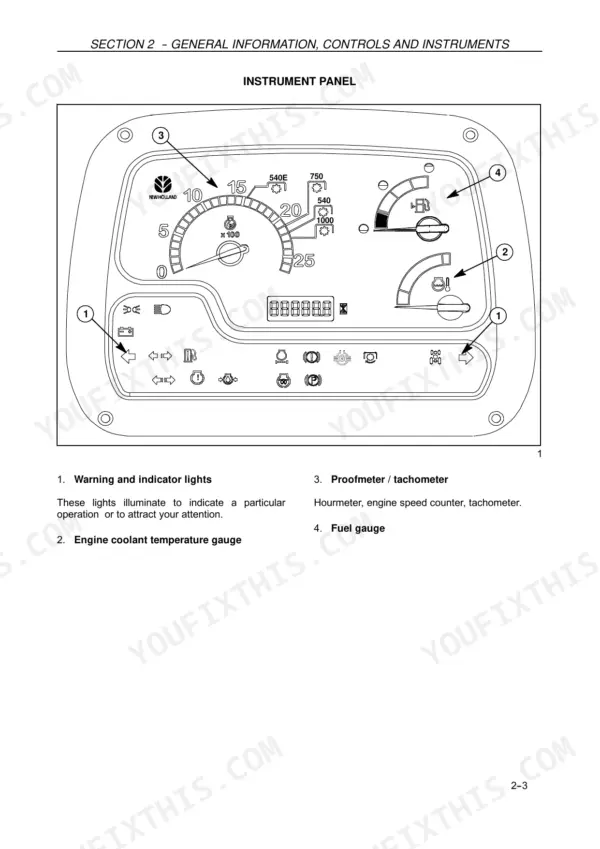 new-holland-td-5030-td-5040-tractor-operator-manual-84425846-controls-47.webp New Holland TD 5030, TD 5040 instrument panel diagram showing tachometer, fuel gauge, coolant temperature, and indicator lights.