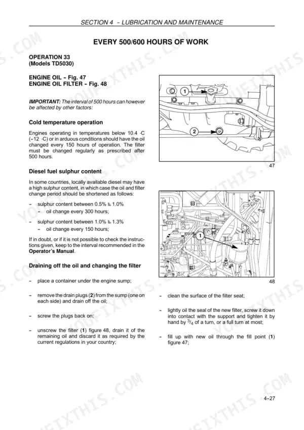 New Holland TD 5030, TD 5040 engine oil and filter change procedure, oil sump drain plug and filter location diagrams.