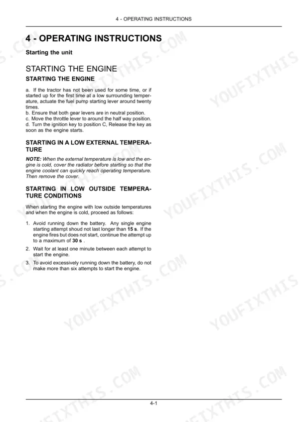 New Holland TD4.70F, TD4.80F, TD4.90F operator manual page for engine starting procedures and cold weather operation.