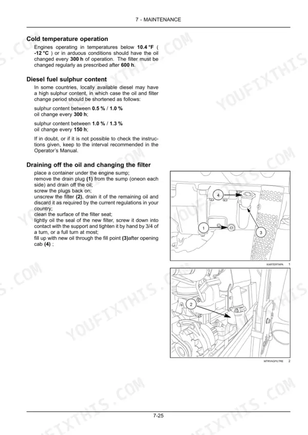 New Holland TD4.70F, TD4.80F, TD4.90F engine oil and filter change procedure, drain plug, and fill point diagrams.