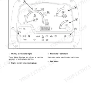 New Holland TD4040F instrument panel diagram showing tachometer, fuel gauge, coolant temperature gauge, and indicator lights.