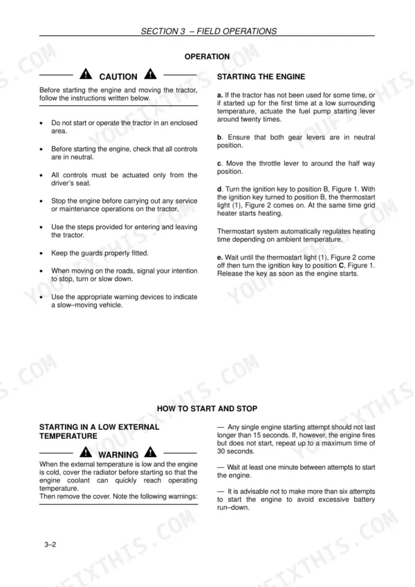 New Holland TD4040F operator manual page detailing engine starting procedures, cold weather starting, and safety precautions.