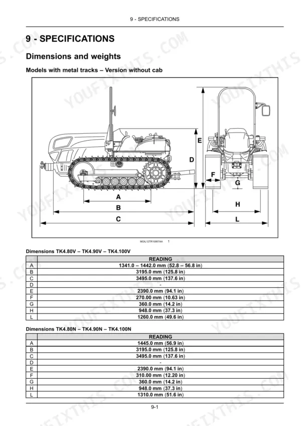 New Holland TK4.80F-TK4.110M metal track tractor dimensions and weights diagram and specification tables for V and N models.