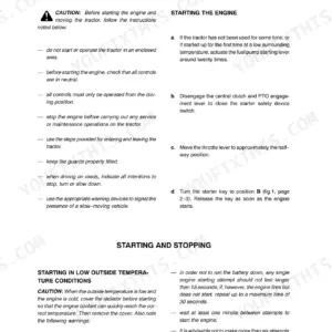 New Holland TK76, TK85, TK85M operating instructions for starting the engine and cold weather starting procedures.