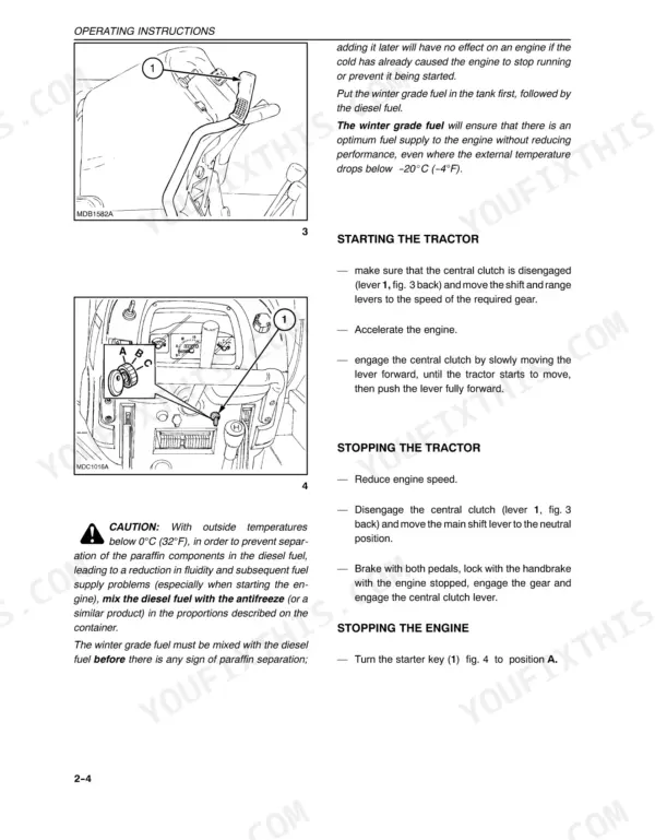 New Holland TK76, TK85, TK85M operating instructions for starting, stopping the tractor, and engine shutdown procedures.