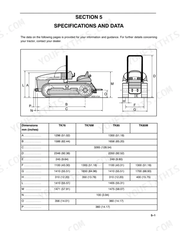 New Holland TK76, TK85, TK85M tractor dimensions diagram and specifications table showing mm and inch measurements.