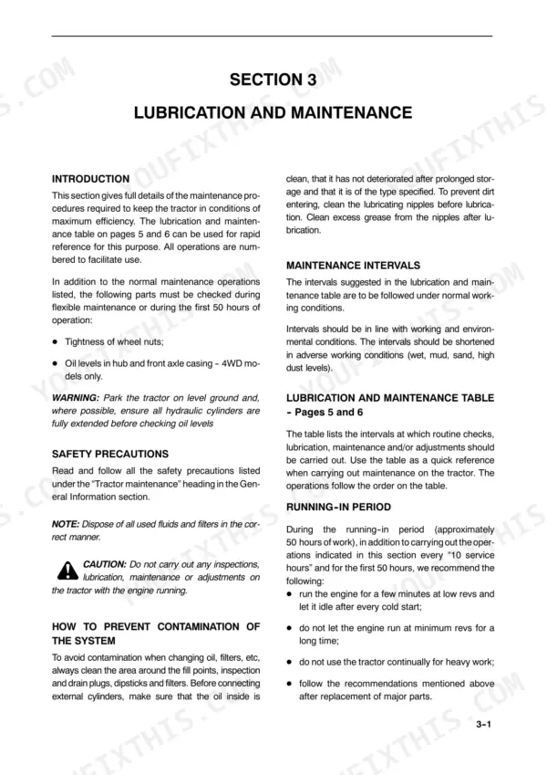 New Holland TL70, TL80, TL90, TL100 lubrication and maintenance section introduction, intervals, and running-in period guidelines.