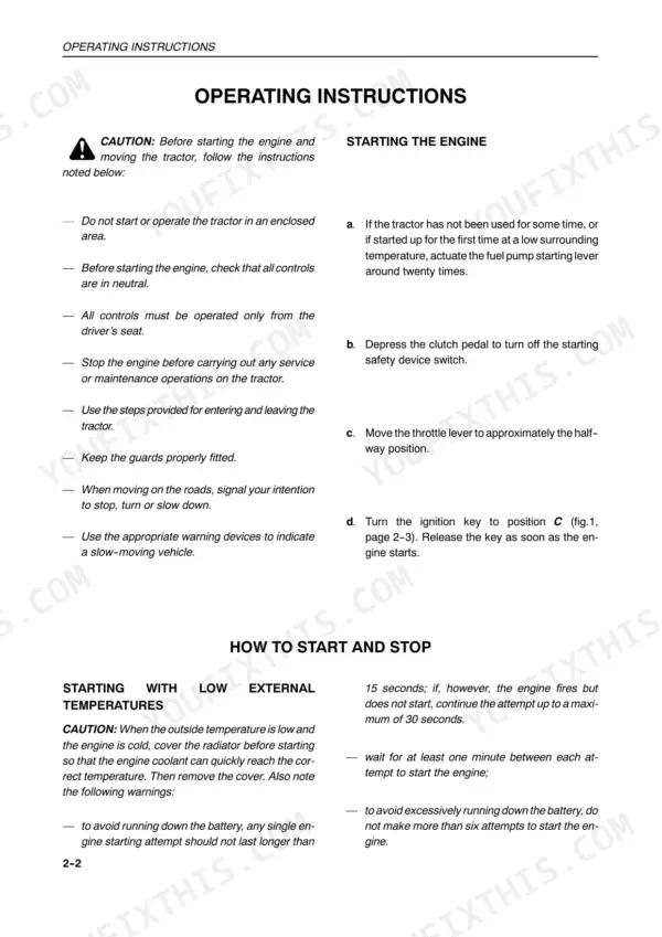 New Holland TL70, TL80, TL90, TL100 operator manual page detailing engine starting procedures and cold weather starting instructions.