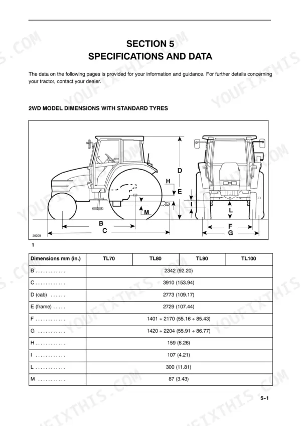 New Holland TL70, TL80, TL90, TL100 2WD tractor dimensions diagram and specifications table for standard tyres.