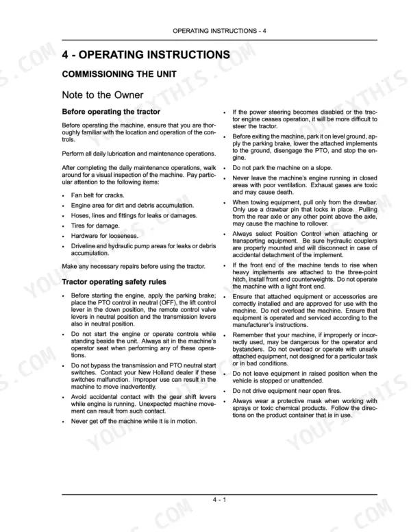 New Holland TS6020, TS6030, TS6030HC operating instructions, commissioning, and tractor safety rules manual page.