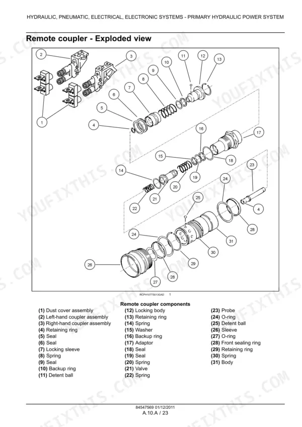 new-holland-ts6020-ts6030-ts6030hc-tractor-service-manual-84547569-exploded-view-59.webp New Holland TS6020, TS6030, TS6030HC remote coupler exploded view diagram showing assembly components, springs, seals, and valves.
