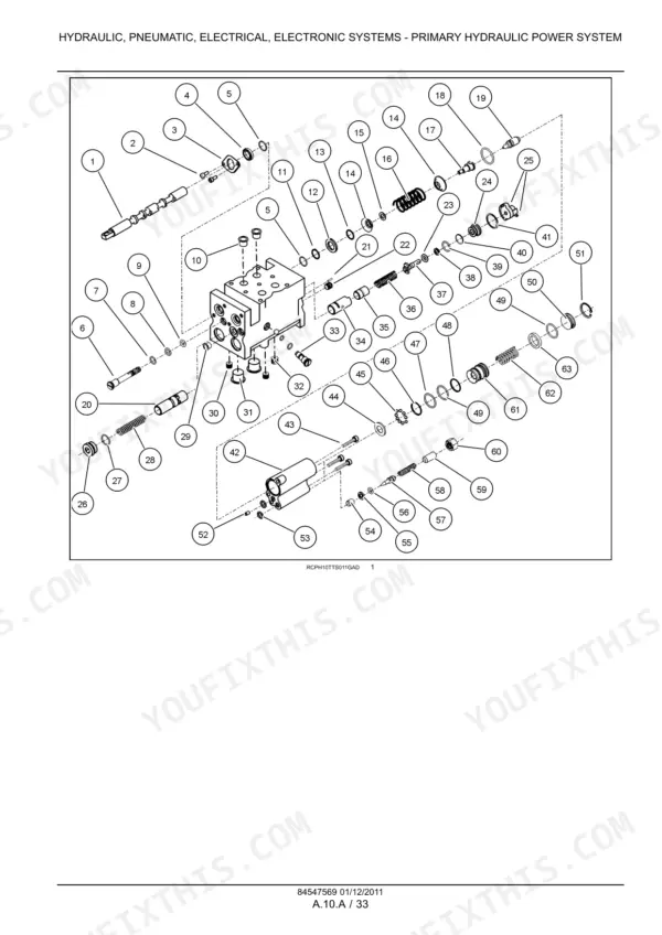 New Holland TS6020, TS6030, TS6030HC exploded view of the primary hydraulic power system valve block components.