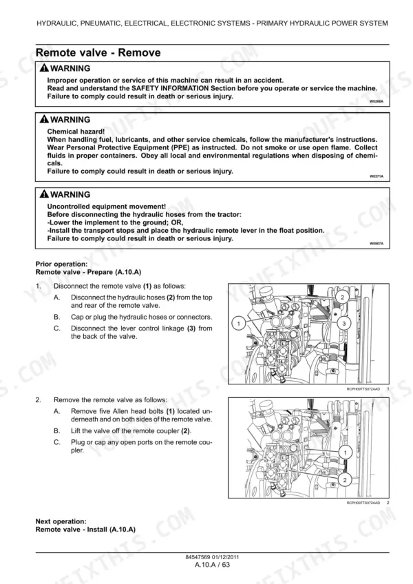 New Holland TS6020, TS6030, TS6030HC service manual page showing procedures to remove the hydraulic remote valve.
