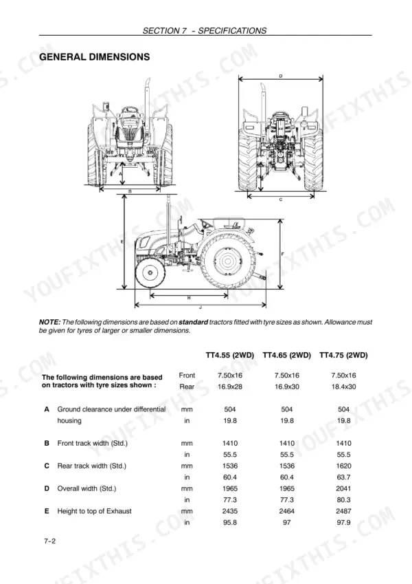 New Holland TT4.55, TT4.65, TT4.75 general dimensions diagram and specification table for 2WD tractor track and height.