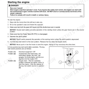 New Holland TT4.80, TT4.90 operating instructions for starting the engine, including key-start switch positions and safety warnings.