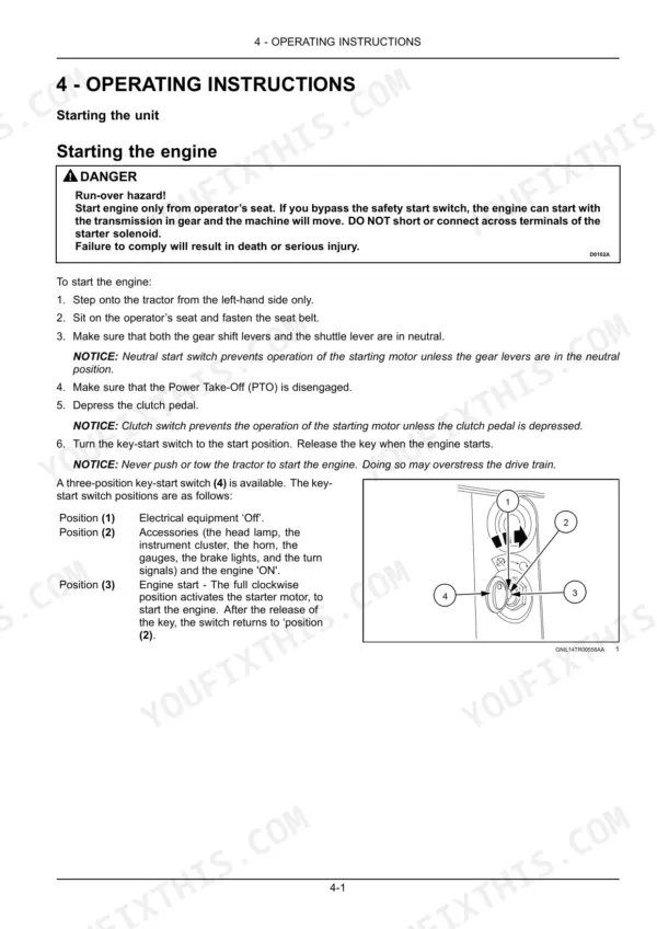 new-holland-tt4-80-tt4-90-tractor-operator-manual-48135184-operations-43.webp New Holland TT4.80, TT4.90 operating instructions for starting the engine, including key-start switch positions and safety warnings.