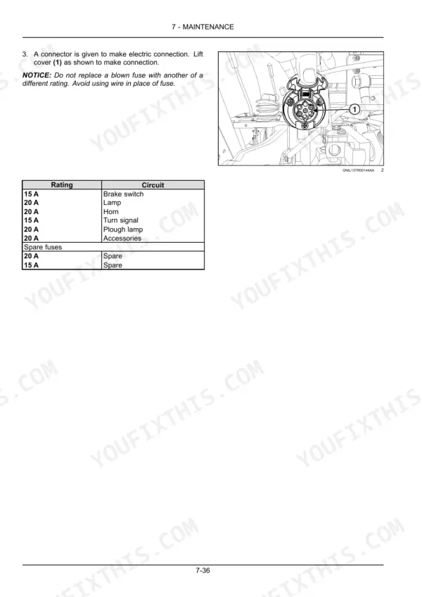 New Holland TT4.80, TT4.90 maintenance page showing electrical connector diagram and fuse rating circuit table.