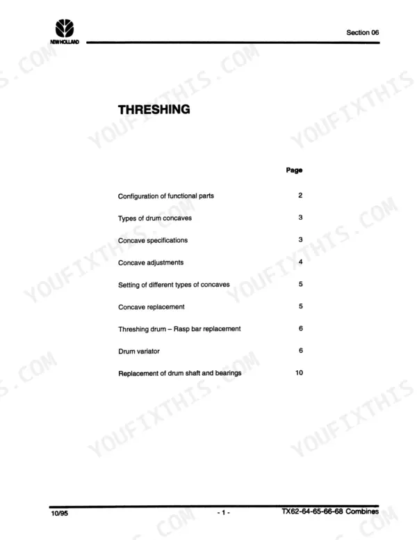 new-holland-tx66-tx68-combine-repair-manual-86603389-hydraulic-115.webp New Holland TX66, TX68 Threshing section table of contents for drum, concave, and rasp bar service procedures.