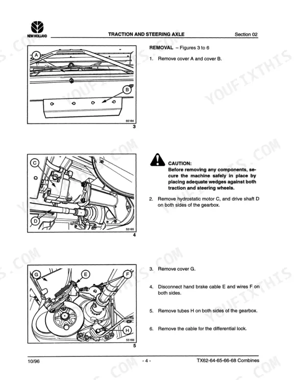 New Holland TX66, TX68 traction and steering axle removal procedure showing hydrostatic motor, drive shaft, and brake cable.