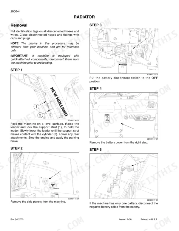 New Holland U80B radiator removal procedure steps 1-5, including loader support strut, battery disconnect, and cable removal.