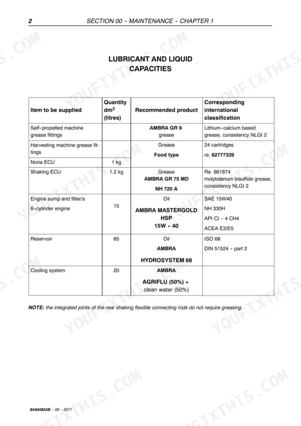 New Holland VX7090, VX 680 maintenance table showing lubricant and liquid capacities for engine, reservoir, and grease fittings.