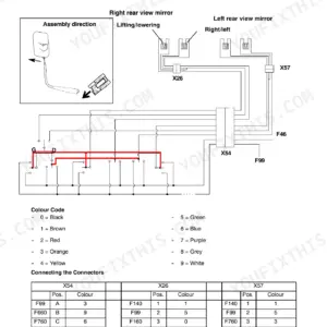 New Holland VX7090, VX 680 rear view mirror control wiring diagram, connector pinout tables, and wire color codes.