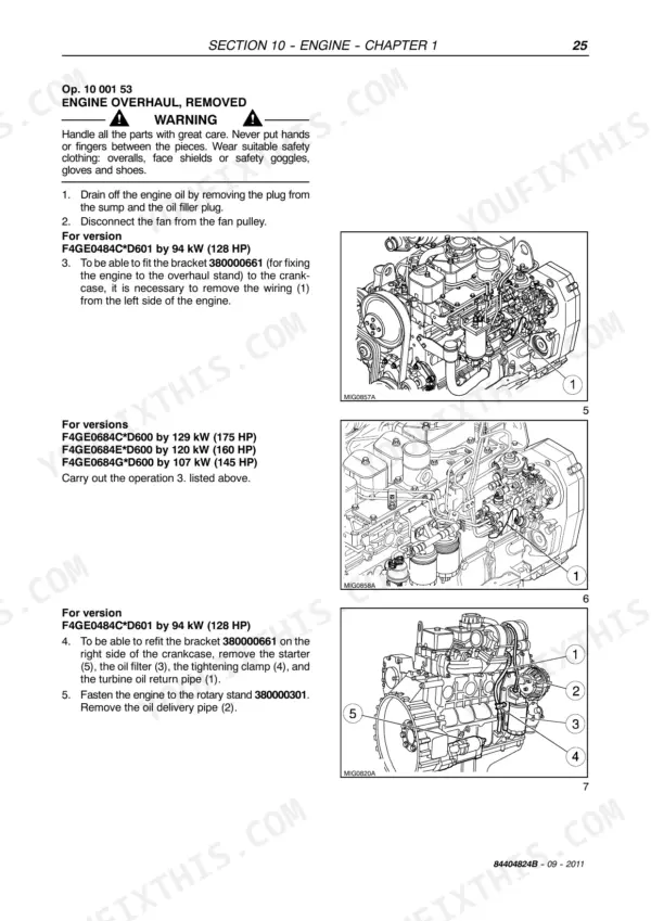 New Holland VX7090, VX 680 engine overhaul procedure, showing diagrams for removing engine wiring, oil filter, and starter components.